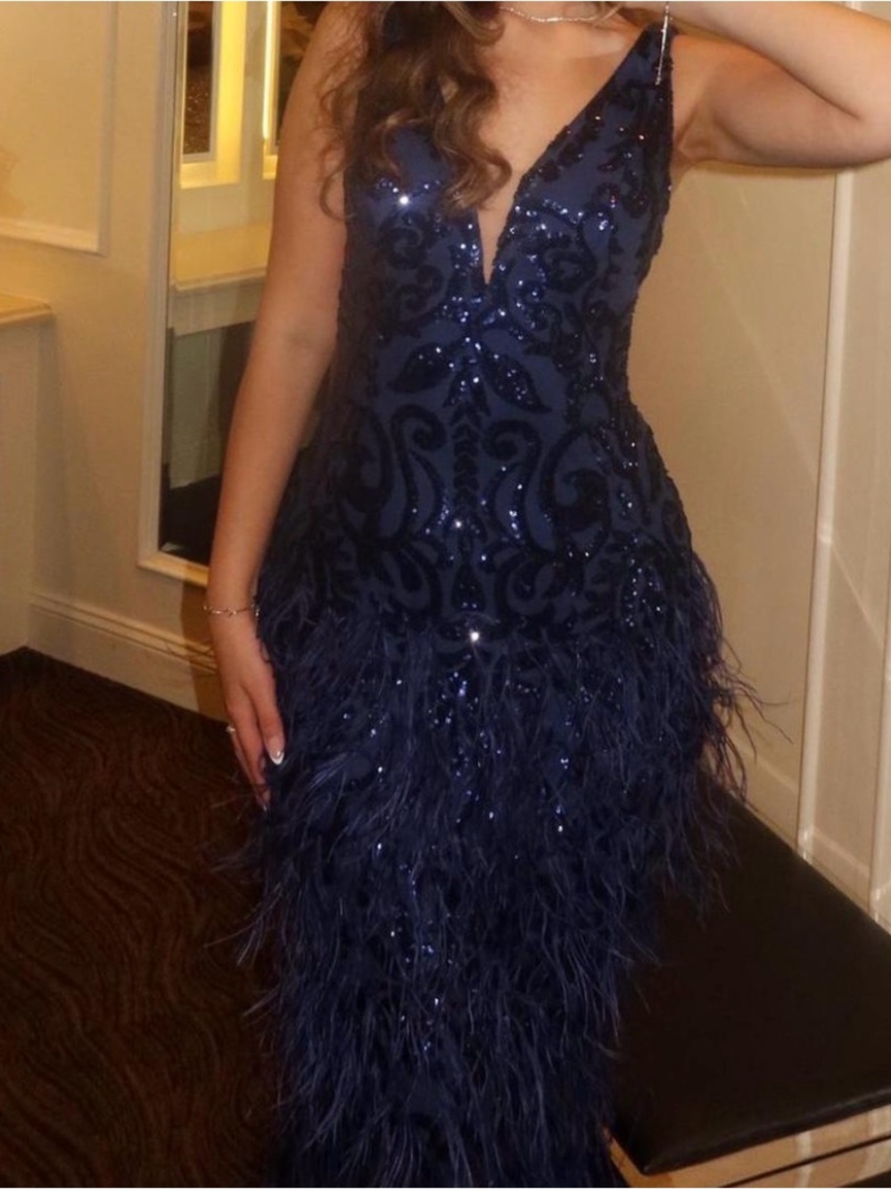 Jovani Navy Sequin Feather High-Slit Evening Gown - Picture 6 of 7